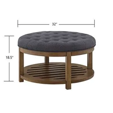 24KF Large Round Upholstered Tufted Linen Ottoman Coffee Table, Large Footrest Ottoman with Wood Shelf Storage-Charcoal