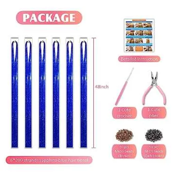 Sapphire Blue Hair Tinsel Kit 48 Inches 1200 Strands with Tools and Instruction Easy to Install Fairy Glitter Tinsel Hair Extensions for Women and Girls，Shinny Sparkling Braiding Hair Accessories