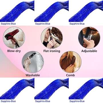 Sapphire Blue Hair Tinsel Kit 48 Inches 1200 Strands with Tools and Instruction Easy to Install Fairy Glitter Tinsel Hair Extensions for Women and Girls，Shinny Sparkling Braiding Hair Accessories