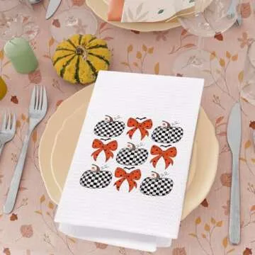 SPBL&L Halloween Kitchen Towels, Halloween Checkered Pumpkin Orange Coquette Bow Decorative Hand Towels for Bathroom, Halloween Kitchen Bathroom Decor, Halloween Dish Towels Tea Towels, 16x24 Inch