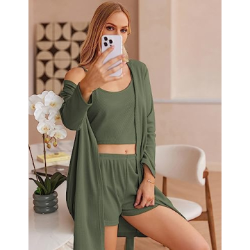 Ekouaer Women's 3 Piece Waffle Knit Lounge Set