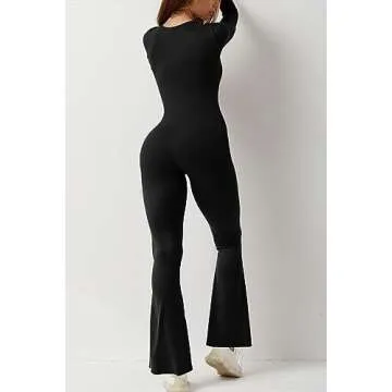 QINSEN Long Sleeve Jumpsuits for Women Square Neck Wide Leg Full Length Romper Playsuit Black XL