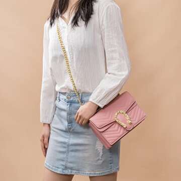 TAGDOT Fashion Metal Chain Shoulder Crossbody Bags for Women Handbag Purses Vegan Leather Clutches (Pink)