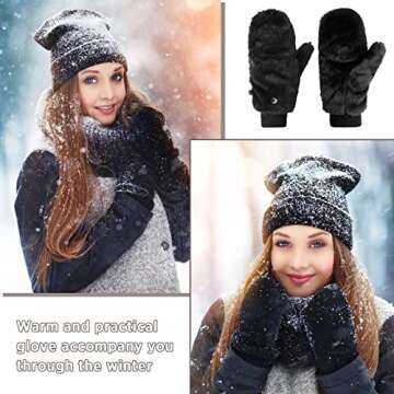 SATINIOR Faux Fur Mittens Fingerless Gloves Convertible Gloves Fluffy Winter Warm Soft Half Finger Fuzzy Mittens for Women(Black, White,2 Pair)