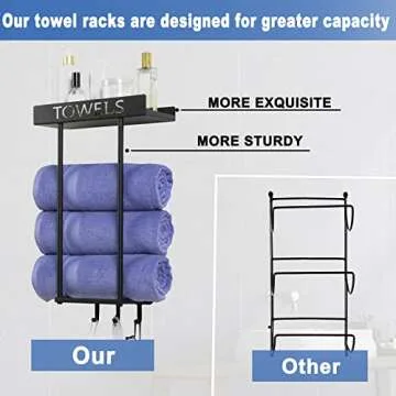 ODSNANIE Towel Racks Wall Mounted for Bathroom, Metal Towel Drying Rack Towel-Bars Towel Holder Ideal Bathroom Storage Organizer and Decor,Towel Shelf Black Towel Storage with 3 Towel Hooks