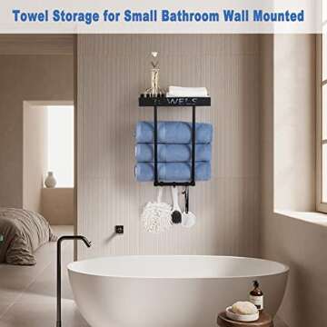 ODSNANIE Towel Racks Wall Mounted for Bathroom, Metal Towel Drying Rack Towel-Bars Towel Holder Ideal Bathroom Storage Organizer and Decor,Towel Shelf Black Towel Storage with 3 Towel Hooks