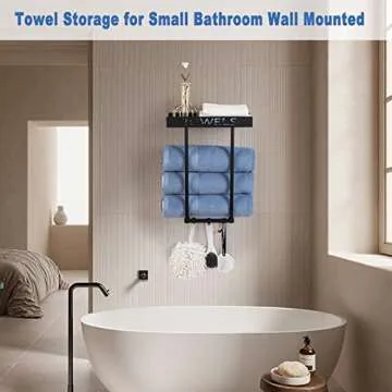 ODSNANIE Towel Racks Wall Mounted for Bathroom, Metal Towel Drying Rack Towel-Bars Towel Holder Ideal Bathroom Storage Organizer and Decor,Towel Shelf Black Towel Storage with 3 Towel Hooks