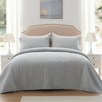 SunStyle Home Quilt Set Queen Light Grey Lightweight Bedspread Full Soft Reversible Coverlet for All...