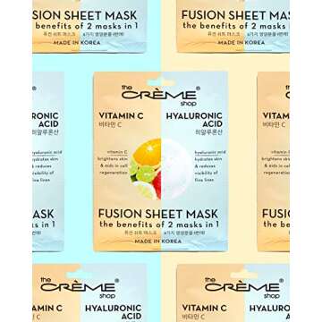The Crème Shop - Vitamin C & Hyaluronic Acid Fusion Full Face Masks, Korean Facial Skin Care and Moisturizer - Hydrating, blackhead remover, scar cream Natural Beauty Essence - 5 Sheets Set