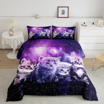 Cat Comforter Cute Pet Cats Pattern Bedding Set Outer Space Kawaii Kitten Comforter Set for Children...