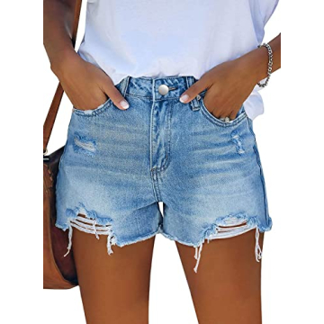 MINGALONDON Ripped Jeans Shorts for Women - High Waist Casual Frayed Denim Light Blue XL