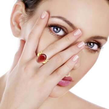 TKOY99 Red Rings for Women, 18K Gold Plated Rings Women with Red Agate Stone Womens Rings-Perfect Gemstone Rings for Women