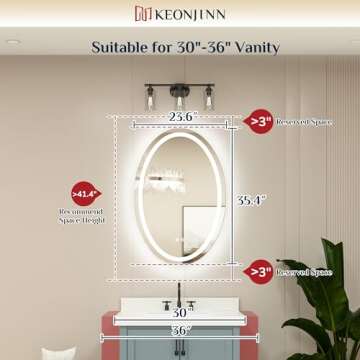 Keonjinn 24 x 36 Inch Oval Bathroom LED Mirror, Frontlit Oval Mirror with Lights, Anti Fog Oval Ligh...