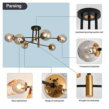 SZXYKEJI 6-Lights Glass Chandelier，Modern Flush Mount Ceiling Light Fixture，Farmhouse Lighting for Dining Room Living Room Bedroom Kitchen Passageway..