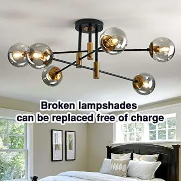 SZXYKEJI 6-Lights Glass Chandelier，Modern Flush Mount Ceiling Light Fixture，Farmhouse Lighting for Dining Room Living Room Bedroom Kitchen Passageway..