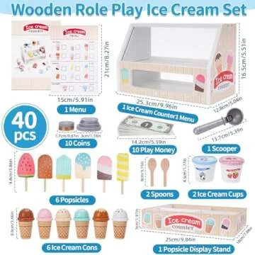 Wooden Ice Cream Counter Playset for Kids, Toddler Girl Toys Kitchen Playset Pretend Play Gifts for ...