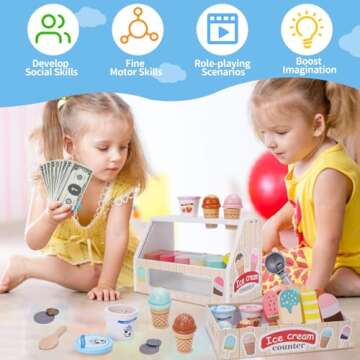 Wooden Ice Cream Counter Playset for Kids, Toddler Girl Toys Kitchen Playset Pretend Play Gifts for 3 4 5 6 Year Old Girl or Boy, Play Food Scoop and Serve, Play Kitchen Sets for Kids Ages 4-8