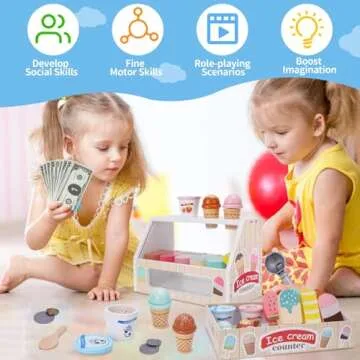 Wooden Ice Cream Counter Playset for Kids, Toddler Girl Toys Kitchen Playset Pretend Play Gifts for 3 4 5 6 Year Old Girl or Boy, Play Food Scoop and Serve, Play Kitchen Sets for Kids Ages 4-8