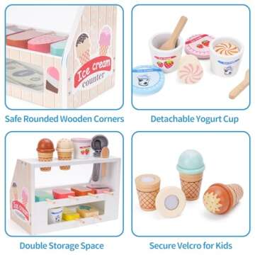 Wooden Ice Cream Counter Playset for Kids, Toddler Girl Toys Kitchen Playset Pretend Play Gifts for 3 4 5 6 Year Old Girl or Boy, Play Food Scoop and Serve, Play Kitchen Sets for Kids Ages 4-8