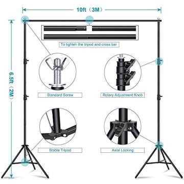 MsMk Photo Video Studio Backdrop Stand with 8 Spring & 4 Clips, 6.5ft x 10ft Adjustable Muslin Background Support System Kit with Sand Bag, Carry Bag for Photography Studio