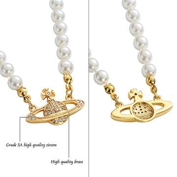 ORJATEXIN Golden Silver Saturn Pearl Necklace Diamond Pearl Bead Crystal Rhinestone Saturn Planet Necklace for Women and Girls with Special beautiful bag Gif Fashion Net red trend Choker (Gold Saturn 16 inch)