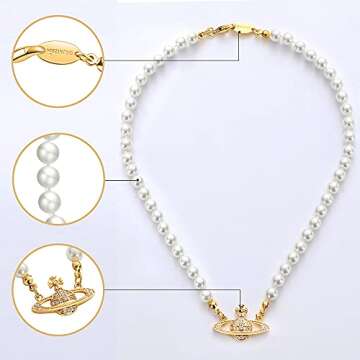 ORJATEXIN Golden Silver Saturn Pearl Necklace Diamond Pearl Bead Crystal Rhinestone Saturn Planet Necklace for Women and Girls with Special beautiful bag Gif Fashion Net red trend Choker (Gold Saturn 16 inch)