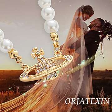 ORJATEXIN Golden Silver Saturn Pearl Necklace Diamond Pearl Bead Crystal Rhinestone Saturn Planet Necklace for Women and Girls with Special beautiful bag Gif Fashion Net red trend Choker (Gold Saturn 16 inch)