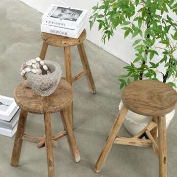 Artissance Round Vintage Stool, Weathered Natural Wood Finish (Size & Color Vary)