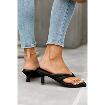 Ownmeen Womens Kitten Heel Thong Sandals Flip Flops Slip On Square Open Toe Slippers Low Stacked Heeled Mules