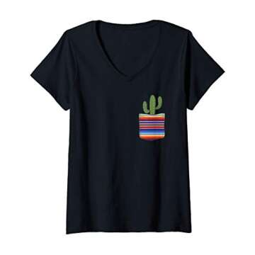 Womens Cactus In Serape Blanket Fake Pocket V-Neck T-Shirt