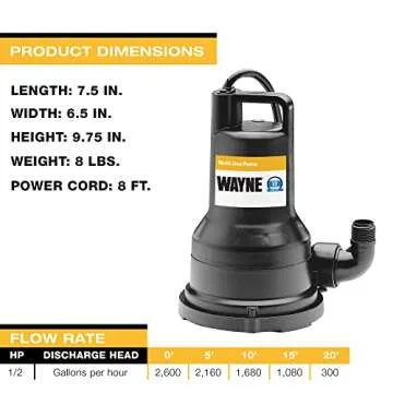 WAYNE VIP50 - 1/2 HP Reinforced Thermoplastic Submersible Multi-Use Pump - Up to 2,500 Gallons Per Hour - Heavy Duty Multi-Use Pump