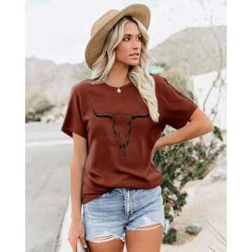 Boho Cow Skull Shirt Women Cowgirl t Shirt Vintage Western Rodeo Graphic Tee Short Sleeve Bull Skull...