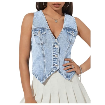 GORGLITTER Women's Denim Vest Flap Pocket Sleeveless Crop Tank Top Button Front Y2K Vest Denim Top W...