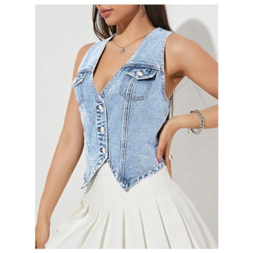 GORGLITTER Women's Denim Vest Sleeveless Crop Button Front Top