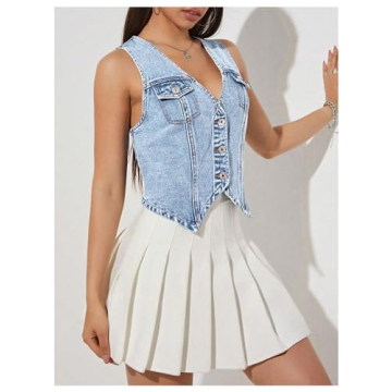 GORGLITTER Women's Denim Vest Sleeveless Crop Button Front Top
