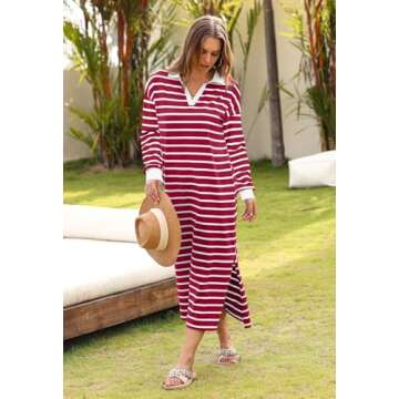 MEROKEETY Women's 2024 Fall Long Sleeve Striped Dress V Neck Collared Side Slit Casual Maxi Dresses, WineRed, M