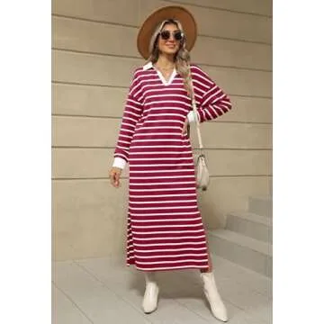 MEROKEETY Women's 2024 Fall Long Sleeve Striped Dress V Neck Collared Side Slit Casual Maxi Dresses, WineRed, M