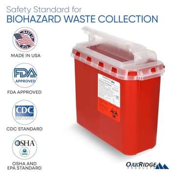 Oakridge Products Transparent Sharps Container for Home Use and Professional 5.4 Quart (1-Pack), Touchless Biohazard Needle and Syringe Disposal, Rotating Lid, CDC Certified