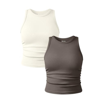 OQQ Women's 2 Piece Tank Tops Crew Neck Sleeveless Basic Stretch Casusal Yoga Crop Camis Tea Leaf Beige