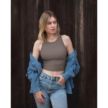 OQQ Women's 2 Piece Tank Tops Crew Neck Sleeveless Basic Stretch Casusal Yoga Crop Camis Tea Leaf Beige