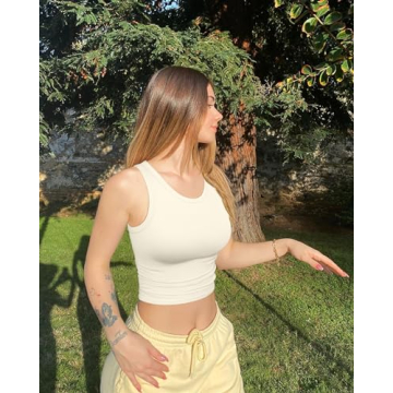 OQQ Women's 2 Piece Tank Tops Crew Neck Sleeveless Basic Stretch Casusal Yoga Crop Camis Tea Leaf Beige