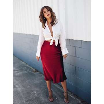 Zeagoo Midi Skirts for Women Work Red Dress High Waisted Satin Skirt Fall