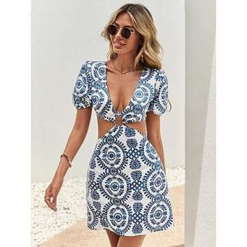 WDIRARA Women's Boho Print V Neck Dress with Puff Sleeves