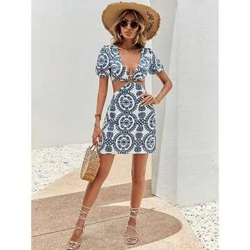 WDIRARA Women's Boho Print V Neck Dress with Puff Sleeves