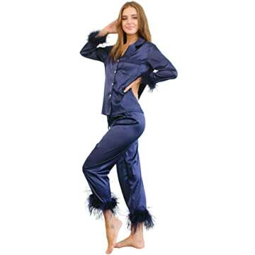 Queens Bridal Feather Trim Pajama Set for Women Satin Silk Long Sleeve Top With Pants Sleepwear Button Down S To XXL (Navy, XX-Large)