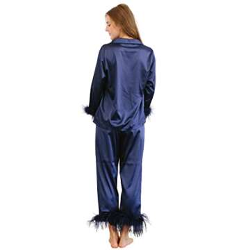 Queens Bridal Feather Trim Pajama Set for Women Satin Silk Long Sleeve Top With Pants Sleepwear Button Down S To XXL (Navy, XX-Large)