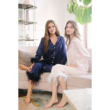 Queens Bridal Feather Trim Pajama Set for Women Satin Silk Long Sleeve Top With Pants Sleepwear Button Down S To XXL (Navy, XX-Large)