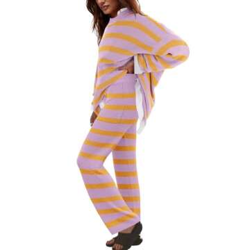 LAMISSCHE Oversized Womens Lounge Set Striped Sweater Set Long Sleeve 2 Piece Pajama Set Top and Pants with Pockets(Lavender&Yellow,XL)