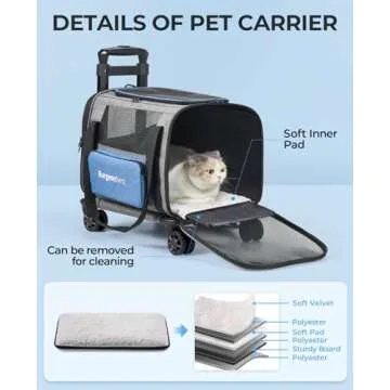 BurgeonNest Cat Carrier with Wheels, Airline Approved Pet Carrier for Cats Dogs 15 lbs with Telescopic Handle, Small Dog Bag with Wheels Removable, Soft Rolling Cat Purse with Large Pocket
