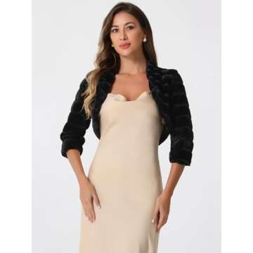 Allegra K Women's Bolero Jacket for Evening Dresses Open Front Cropped Fluffy Faux Fur Shrug Medium Black